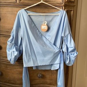 Francesca NWT Light Blue Blouse with Ribbon V-Neck